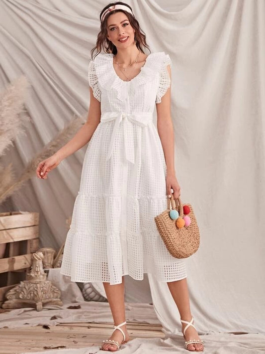 CM-DS203811 Women Elegant Seoul Style Sleeveless Button Front Ruffle Trim Plaid Belted Dress - White