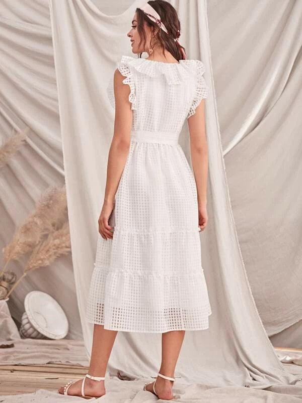 CM-DS203811 Women Elegant Seoul Style Sleeveless Button Front Ruffle Trim Plaid Belted Dress - White