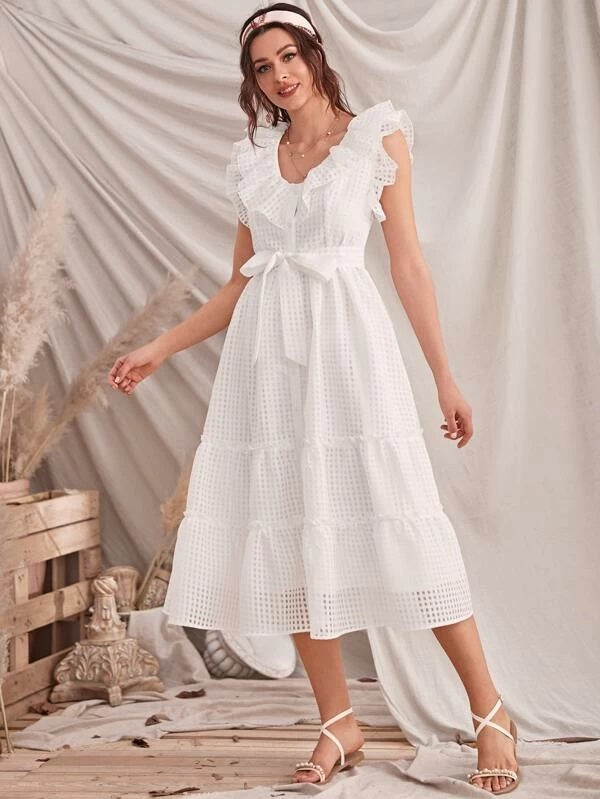 CM-DS203811 Women Elegant Seoul Style Sleeveless Button Front Ruffle Trim Plaid Belted Dress - White