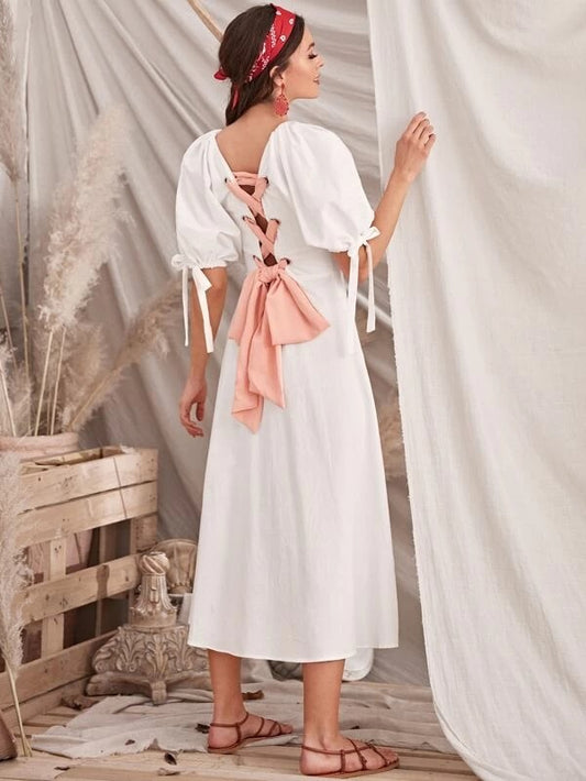 CM-DS202017 Women Casual Seoul Style Contrast Lace Up Back Knot Cuff Puff Sleeve Dress - White