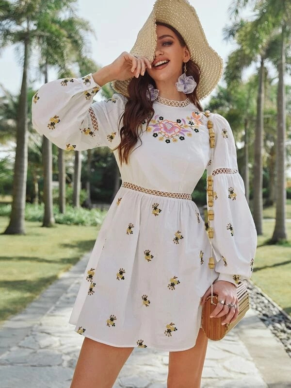 CM-DS203865 Women Bohemian Style Mock Neck Lace Insert Floral Embroidered Dress - White