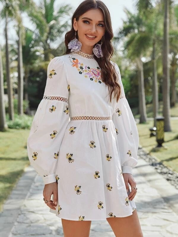 CM-DS203865 Women Bohemian Style Mock Neck Lace Insert Floral Embroidered Dress - White