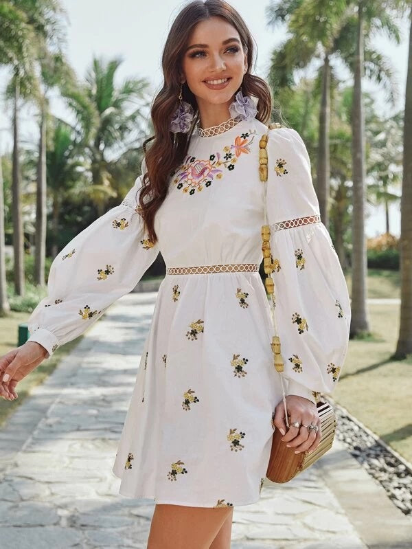 CM-DS203865 Women Bohemian Style Mock Neck Lace Insert Floral Embroidered Dress - White