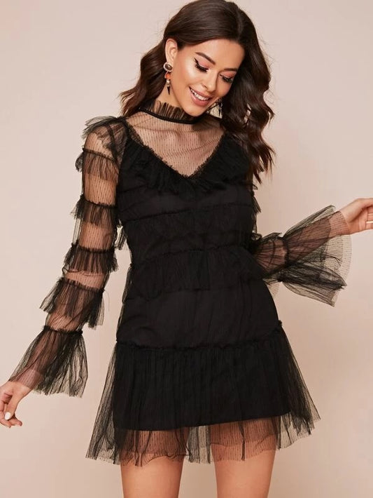CM-DS213356 Women Elegant Seoul Style Mesh Overlay Tiered Layer Solid A-Line Dress - Black