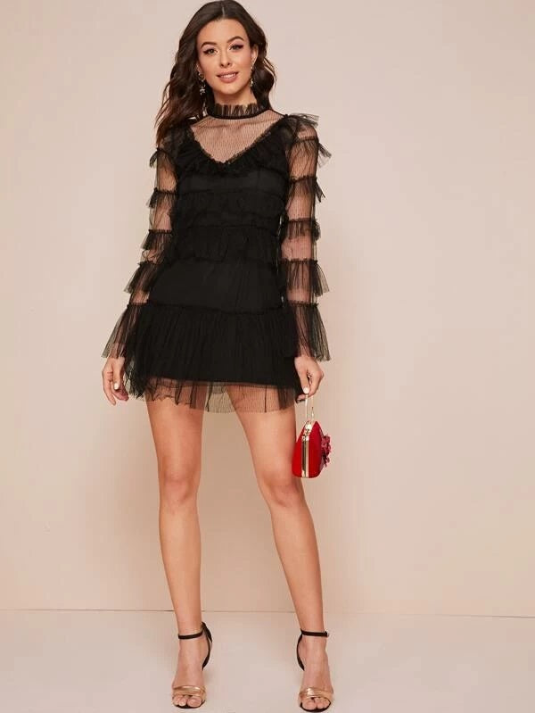 CM-DS213356 Women Elegant Seoul Style Mesh Overlay Tiered Layer Solid A-Line Dress - Black