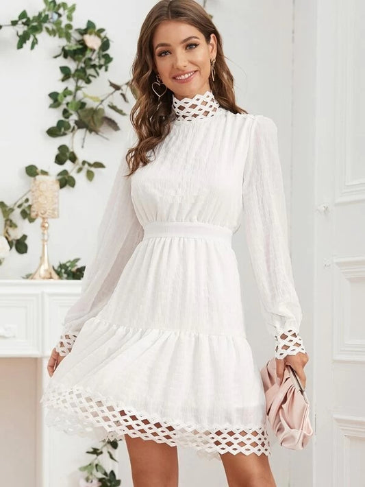 CM-DS217054 Women Elegant Seoul Style Long Sleeve Zip Back Ruffle Hem Mini Dress - White
