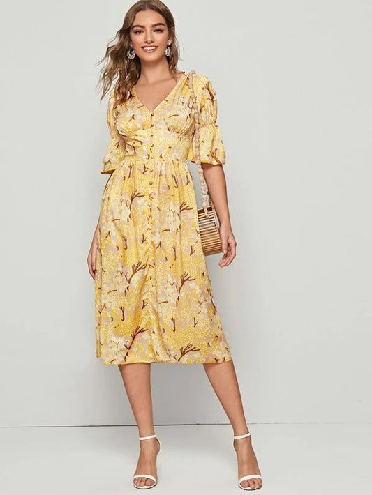 CM-DS130948 Women Casual Seoul Style Button Flounce Sleeve Empire Waist Floral Dress - Yellow