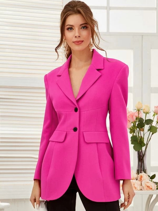 CM-CS125468 Women Elegant Seoul Style Notch Collar Wide Waistband Single Breasted Blazer - Pink