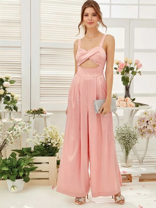 CM-JS122075 Women Elegant Seoul Style Cross Wrap Cutout Pleated Wide Leg Satin Jumpsuit - Pink