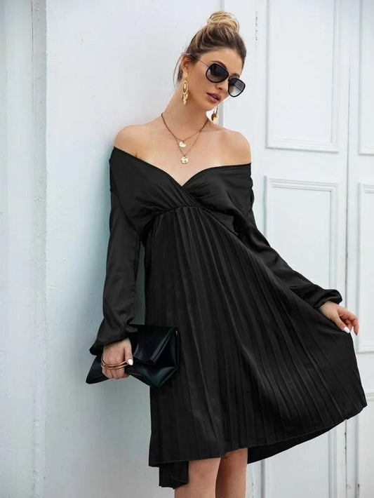 CM-DS211478 Women Elegant Seoul Style Long Sleeve Solid Surplice Pleated Hem Satin Dress - Black