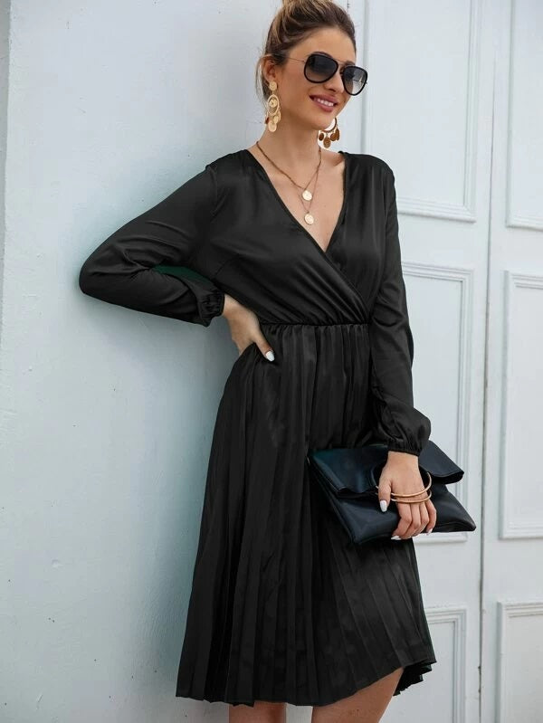 CM-DS211478 Women Elegant Seoul Style Long Sleeve Solid Surplice Pleated Hem Satin Dress - Black