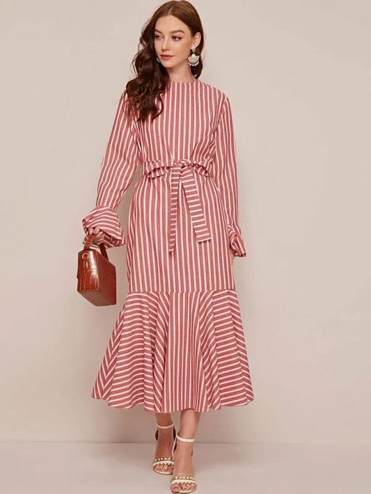 CM-DS211043 Women Casual Seoul Style Keyhole Back Flounce Sleeve Belted Striped Dress - Red