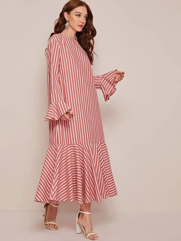 CM-DS211043 Women Casual Seoul Style Keyhole Back Flounce Sleeve Belted Striped Dress - Red