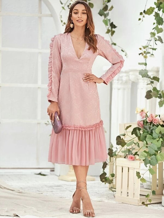CM-DS219024 Women Elegant Seoul Style Long Sleeve V-Neck Frill Trim Ruffle Hem Dress - Pink