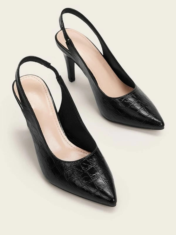 CM-SHS219565 Women Elegant Seoul Style Croc Embossed Point Toe Slingback Stiletto Heels