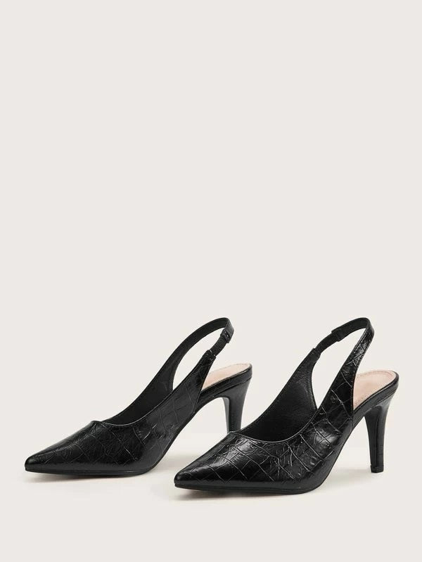 CM-SHS219565 Women Elegant Seoul Style Croc Embossed Point Toe Slingback Stiletto Heels