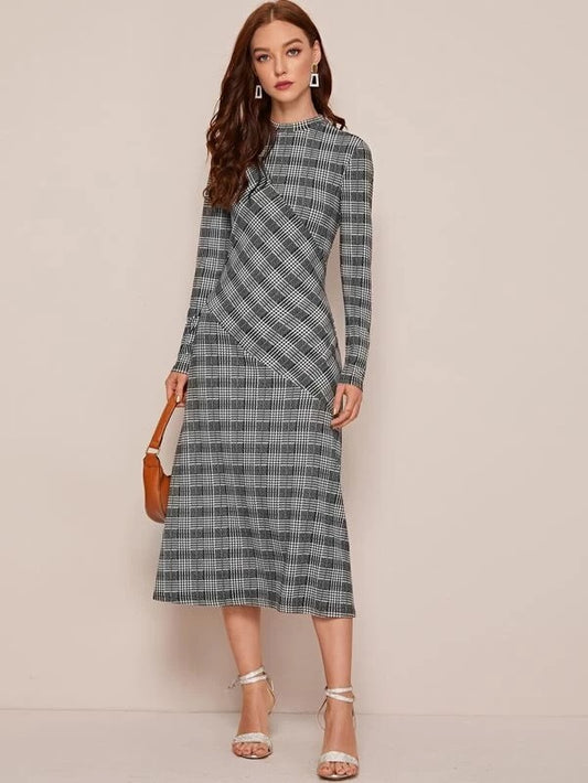 CM-DS127217 Women Casual Seoul Style Long Sleeve Mock-Neck Spliced Plaid Dress - Black