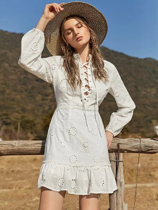 CM-DS127670 Women Bohemian Style Long Sleeve Frill Neck Eyelet Lace Up Schiffy Dress - White
