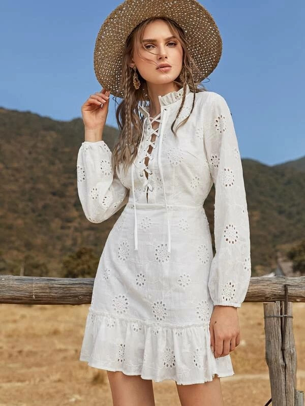 CM-DS127670 Women Bohemian Style Long Sleeve Frill Neck Eyelet Lace Up Schiffy Dress - White