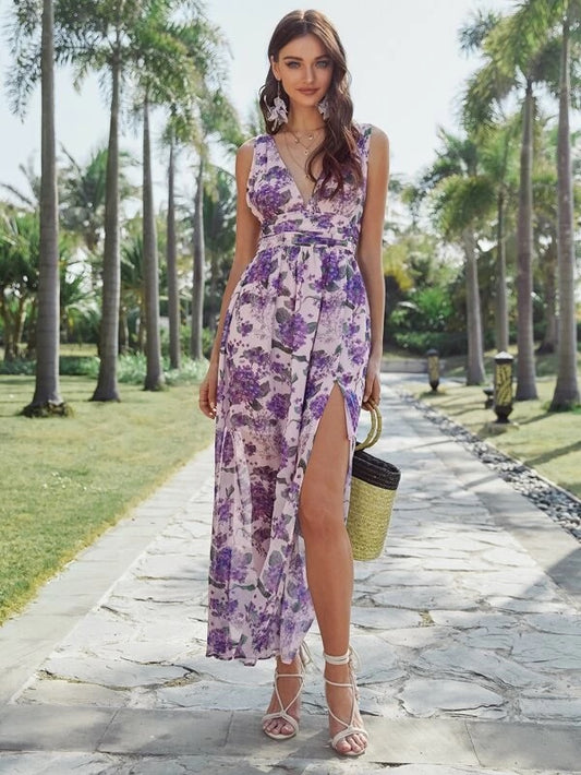 CM-DS122414 Women Bohemian Style Double V-Neck Ruched Waistband Floral Maxi Dress