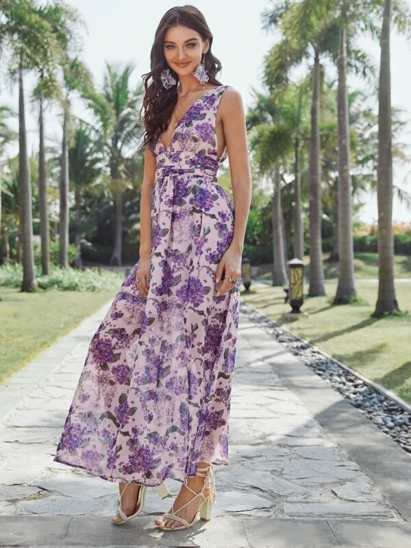 CM-DS122414 Women Bohemian Style Double V-Neck Ruched Waistband Floral Maxi Dress