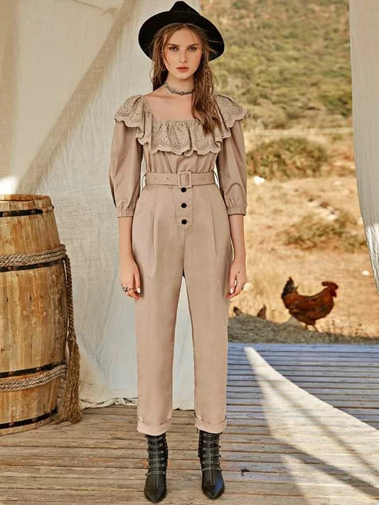 CM-JS202585 Women Bohemian Style Schiffy Detail Ruffle Neck Buckle Belted Jumpsuit - Khaki