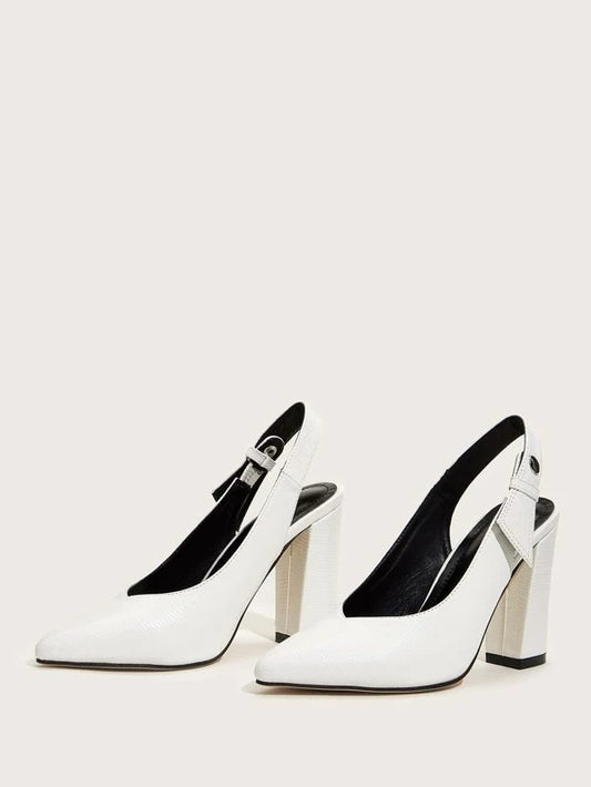CM-SHS220319 Women Elegant Seoul Style Point Toe Slingback Chunky Heels - White