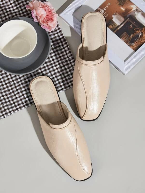 CM-SHS220207 Women Elegant Seoul Style Square Toe Flat Mules - Nude