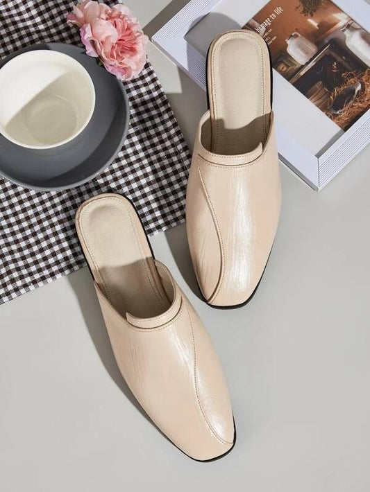 CM-SHS220207 Women Elegant Seoul Style Square Toe Flat Mules - Nude