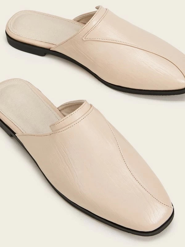 CM-SHS220207 Women Elegant Seoul Style Square Toe Flat Mules - Nude