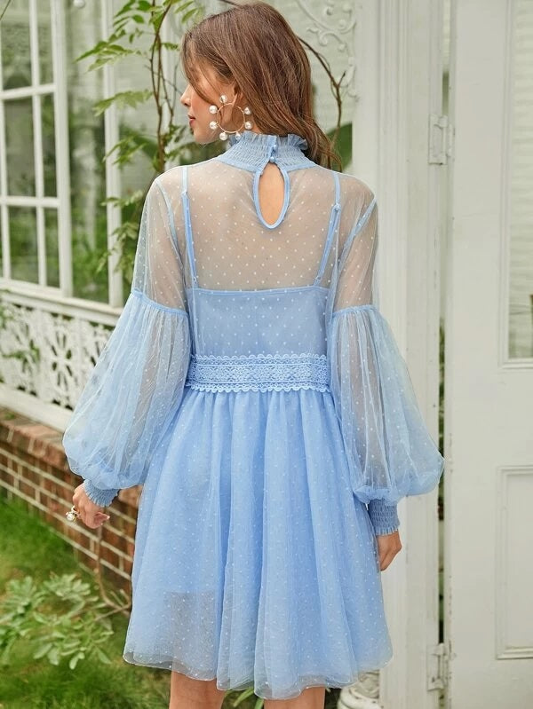 CM-DS118657 Women Elegant Seoul Style Shirred Neck Guipure Lace Trim Dobby Mesh Dress With Camisole