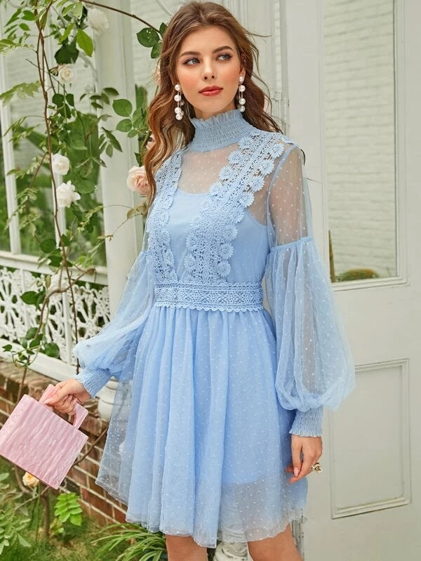CM-DS118657 Women Elegant Seoul Style Shirred Neck Guipure Lace Trim Dobby Mesh Dress With Camisole