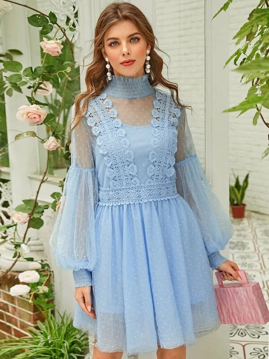 CM-DS118657 Women Elegant Seoul Style Shirred Neck Guipure Lace Trim Dobby Mesh Dress With Camisole
