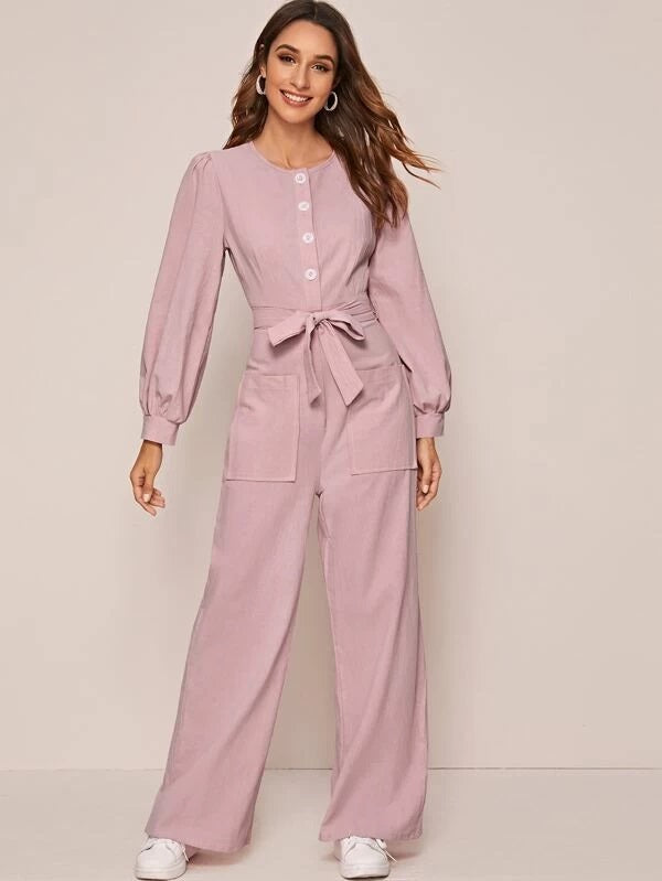 CM-JS221727 Women Trendy Seoul Style Long Sleeve Solid Belted Pocket Front Jumpsuit - Pink