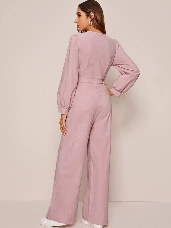 CM-JS221727 Women Trendy Seoul Style Long Sleeve Solid Belted Pocket Front Jumpsuit - Pink