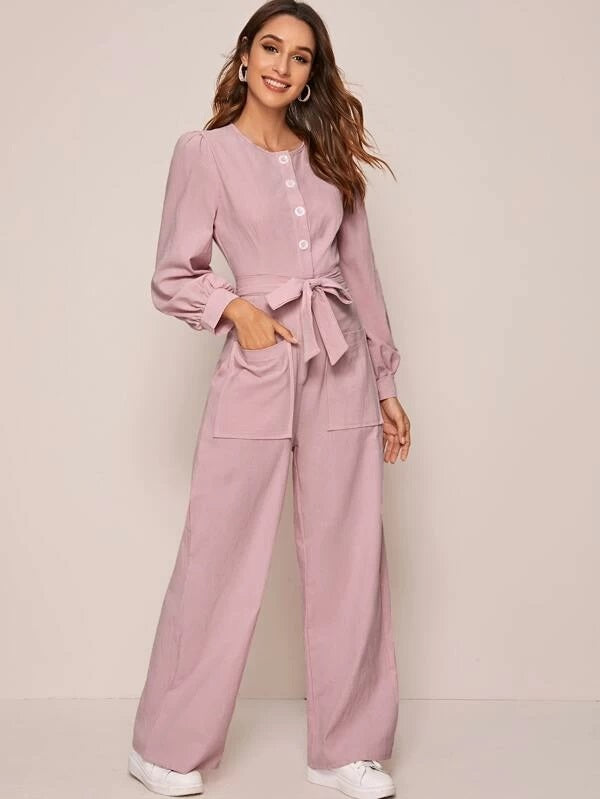 CM-JS221727 Women Trendy Seoul Style Long Sleeve Solid Belted Pocket Front Jumpsuit - Pink