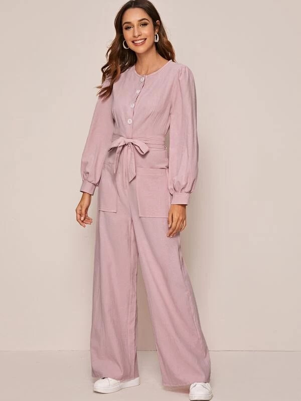 CM-JS221727 Women Trendy Seoul Style Long Sleeve Solid Belted Pocket Front Jumpsuit - Pink