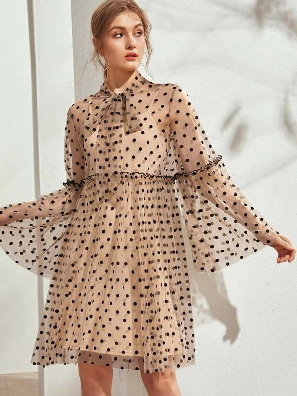 CM-DS221990 Women Casual Seoul Style Tie Neck Polka Dot Sheer Dress With Cami Dress - Brown