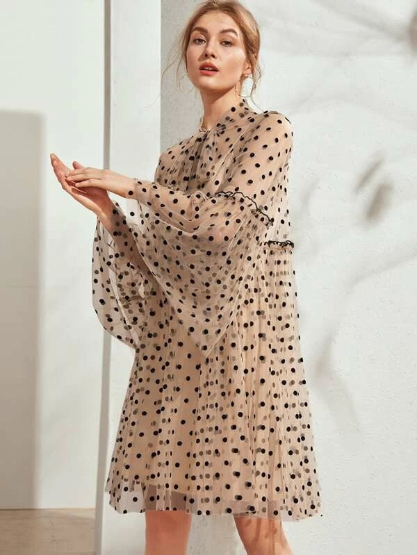 CM-DS221990 Women Casual Seoul Style Tie Neck Polka Dot Sheer Dress With Cami Dress - Brown