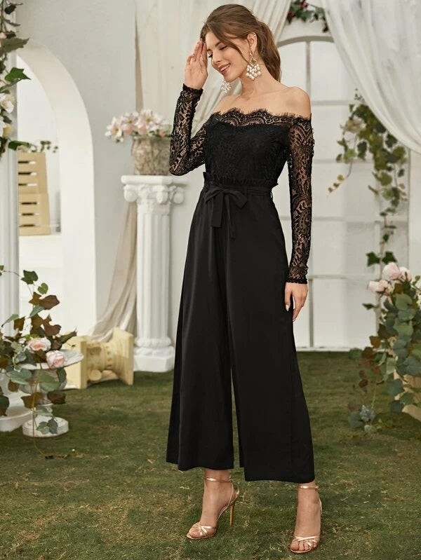 CM-JS216129 Women Elegant Seoul Style Bardot Lace Panel Paperbag Waist Culotte Jumpsuit - Black
