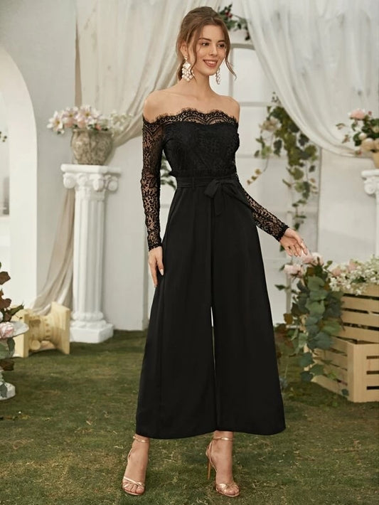 CM-JS216129 Women Elegant Seoul Style Bardot Lace Panel Paperbag Waist Culotte Jumpsuit - Black