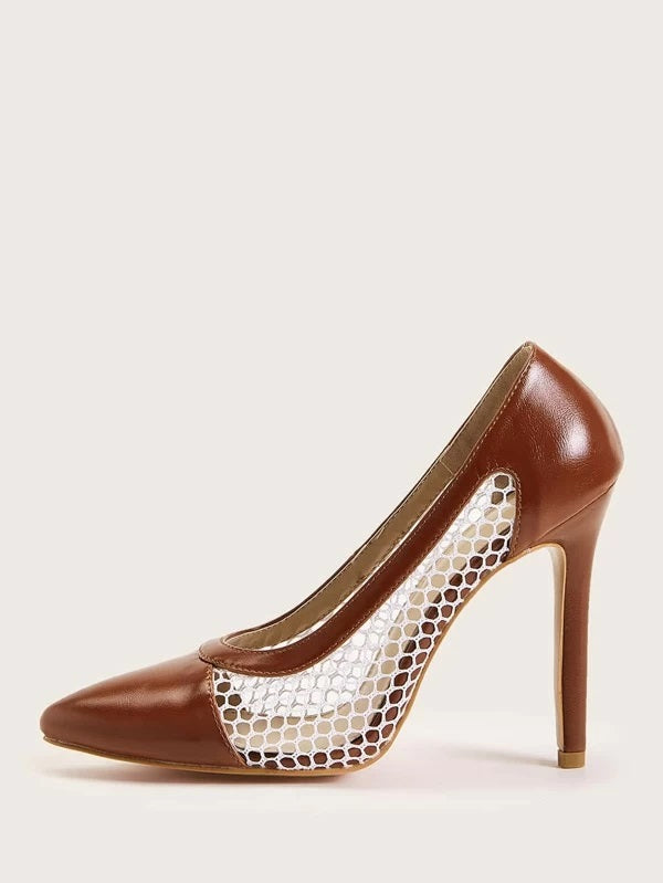 CM-SHS217999 Women Casual Seoul Style Fishnet Panel Stiletto Heels - Brown