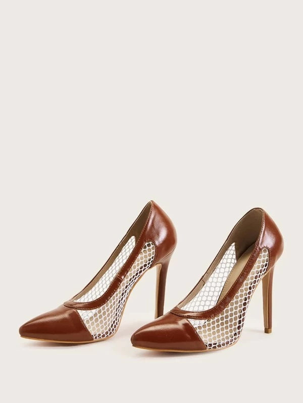 CM-SHS217999 Women Casual Seoul Style Fishnet Panel Stiletto Heels - Brown