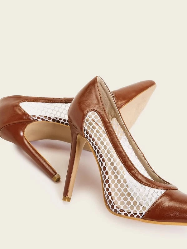 CM-SHS217999 Women Casual Seoul Style Fishnet Panel Stiletto Heels - Brown