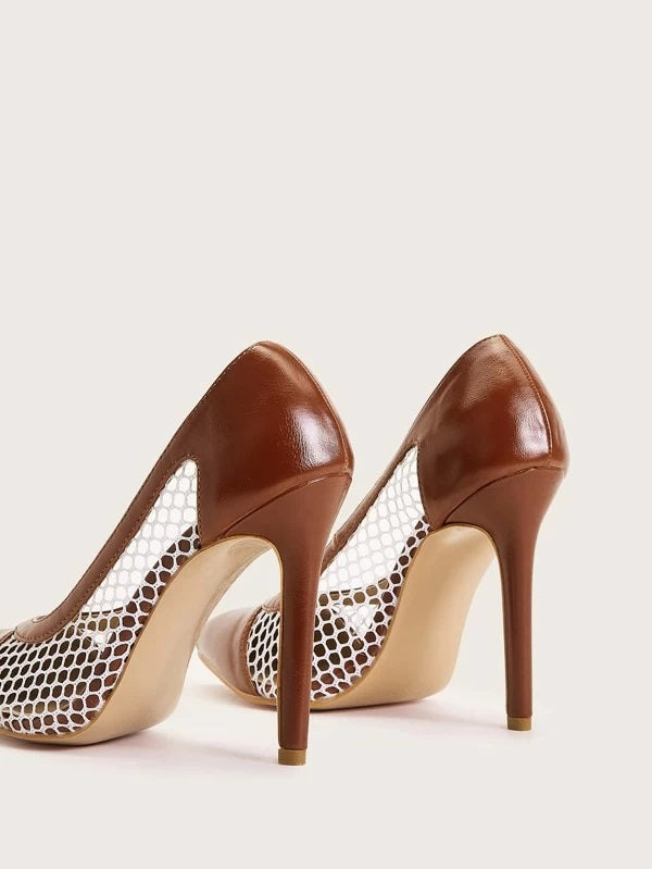 CM-SHS217999 Women Casual Seoul Style Fishnet Panel Stiletto Heels - Brown