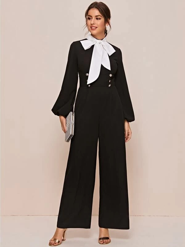 CM-JS216134 Women Elegant Seoul Style Contrast Tie Beck Lantern Sleeve Palazzo Jumpsuit - Black