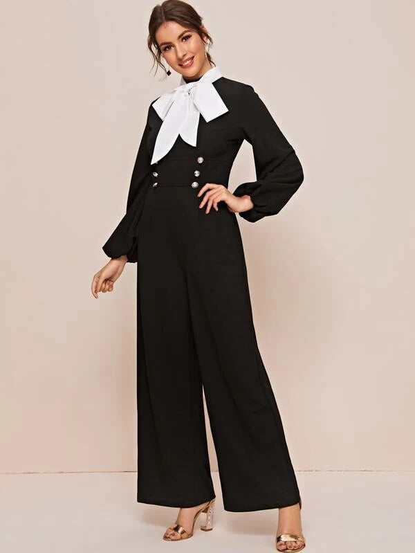 CM-JS216134 Women Elegant Seoul Style Contrast Tie Beck Lantern Sleeve Palazzo Jumpsuit - Black