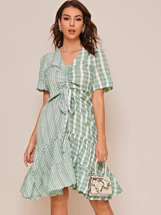 CM-DS223846 Women Casual Seoul Style Plaid Ruched Drawstring Frill Trim A-Line Dress - Green