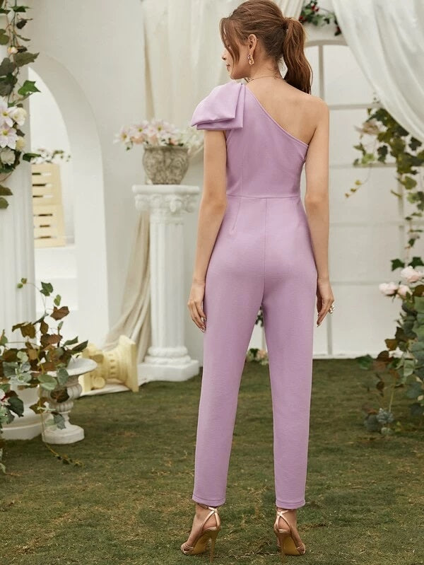 CM-JS223853 Women Elegant Seoul Style Sleeveless One Shoulder Bow Detail Jumpsuit - Purple