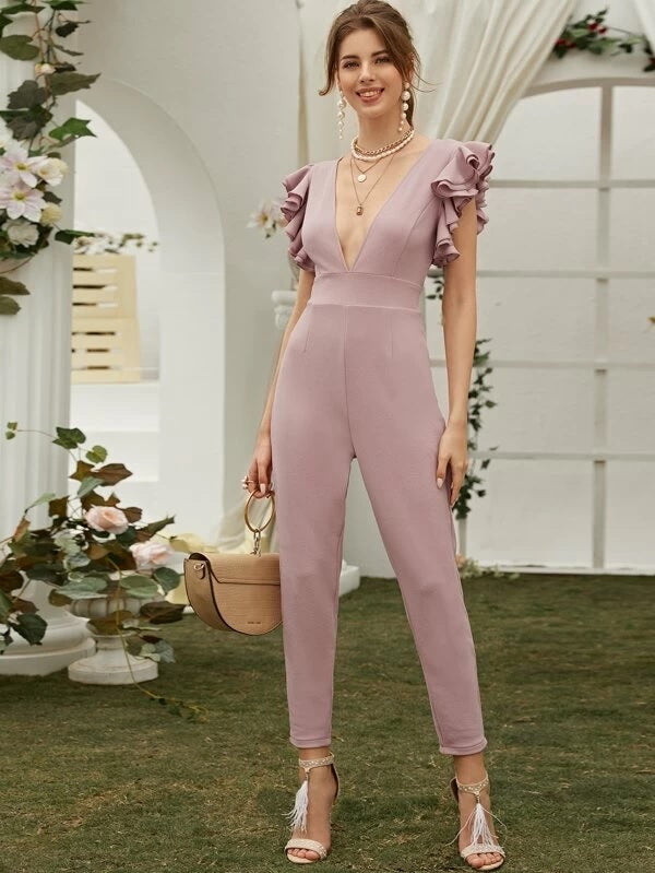 CM-JS223094 Women Elegant Seoul Style Sleeveless Deep V-Neck Ruffle Cuff Jumpsuit - Pink